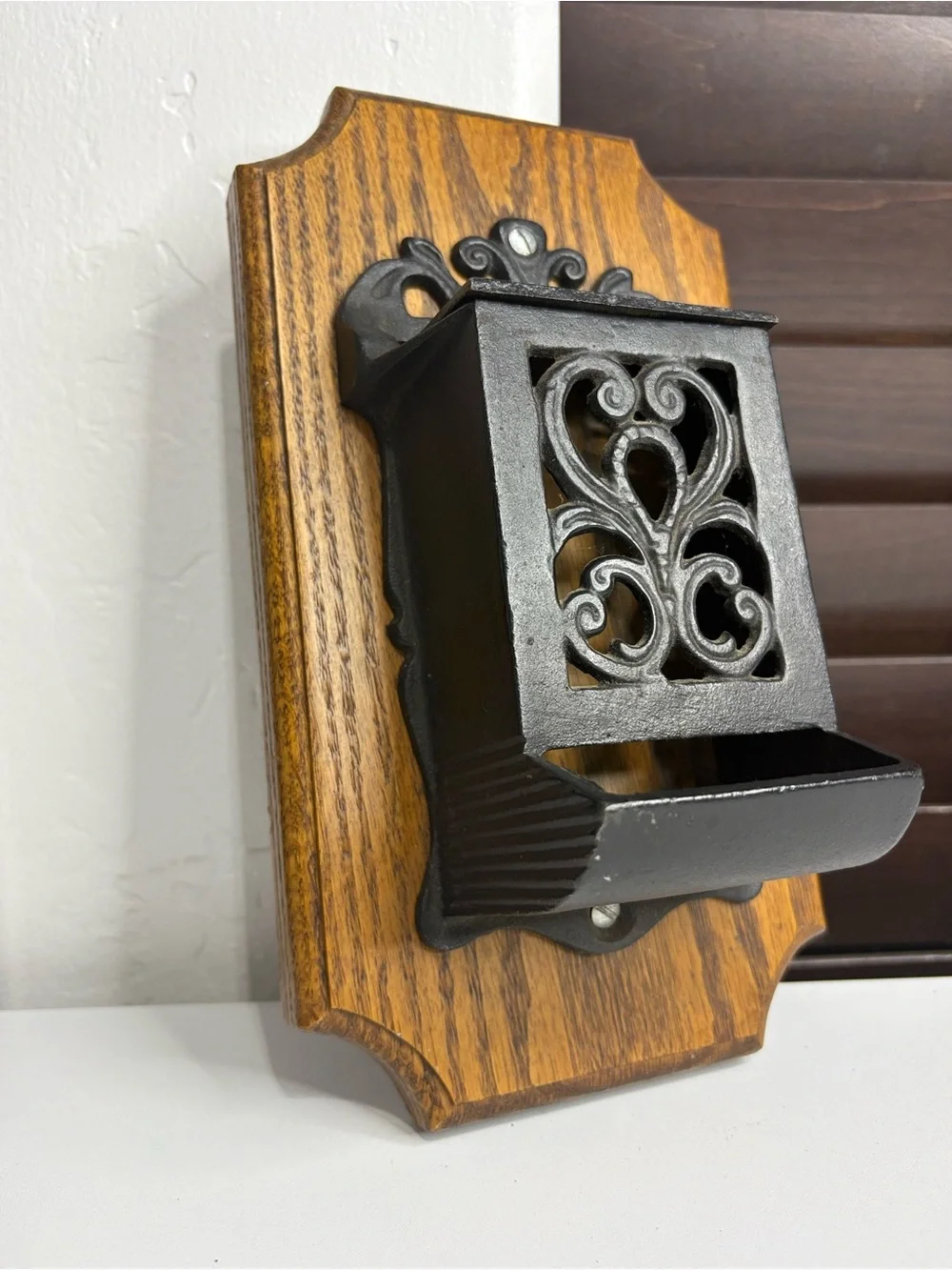 Vintage-Style Black Cast Iron Wall Mount matches Holder on Wood - Unbranded